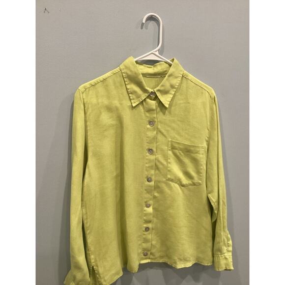 Womens Linen Button Up Shirt Size Large L XL Chartreuse Green Lagenlook Beach - Picture 4 of 8
